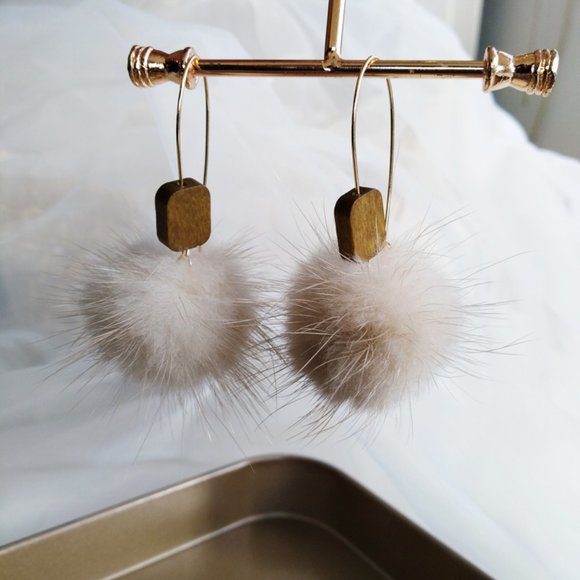 Furry Fur Ball Wood Hook Earrings - Picture 9 of 13